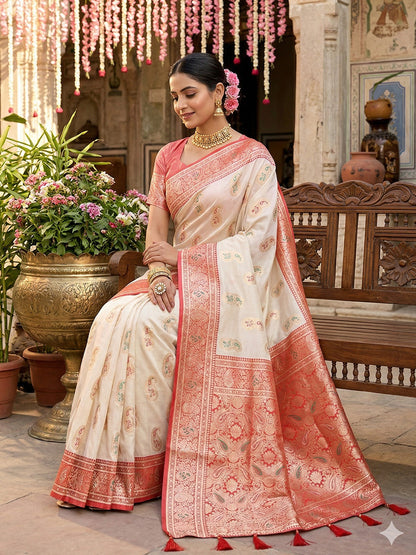 SUTRITI Banarasi Style Paisley Butti Saree for Women | Rich Woven Border & Grand Pallu | Festive Wedding Party Saree | Soft Elegant Drape | With Unstitched Blouse Piece|