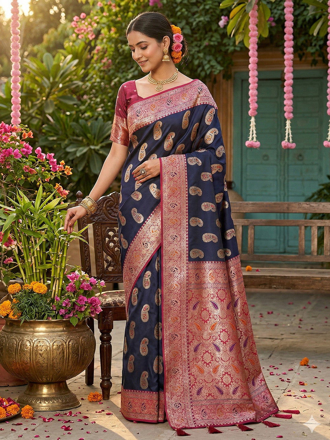 SUTRITI Banarasi Style Paisley Butti Saree for Women | Rich Woven Border & Grand Pallu | Festive Wedding Party Saree | Soft Elegant Drape | With Unstitched Blouse Piece|