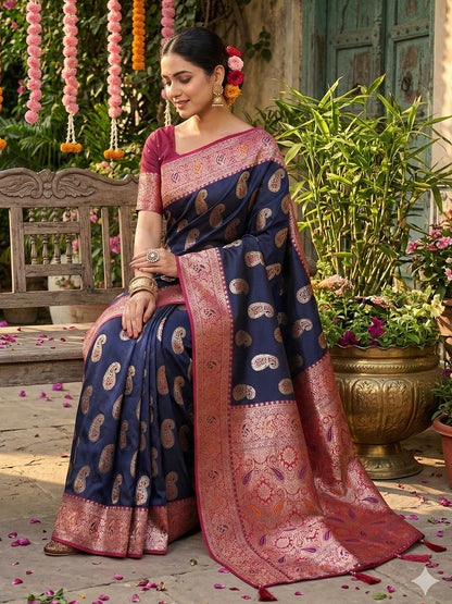 SUTRITI Banarasi Style Paisley Butti Saree for Women | Rich Woven Border & Grand Pallu | Festive Wedding Party Saree | Soft Elegant Drape | With Unstitched Blouse Piece|