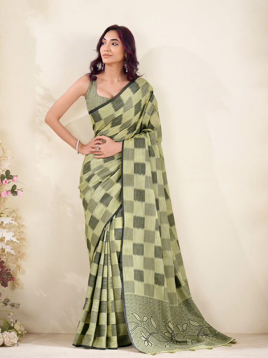 Sutriti Women Olive Green Checked Linen Saree with Floral Pallu