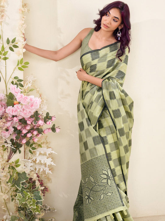 Sutriti Women Olive Green Checked Linen Saree with Floral Pallu