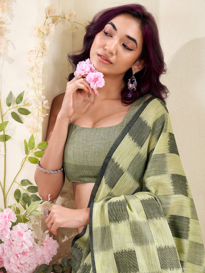 Sutriti Women Olive Green Checked Linen Saree with Floral Pallu