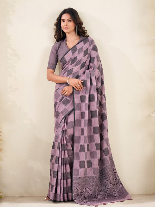 Sutriti Women Mauve Blue Checked Linen Saree with Floral Pallu