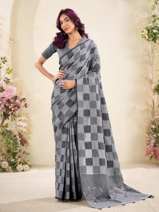 Sutriti Women Grey & Black Checked Linen Saree with Floral Pallu