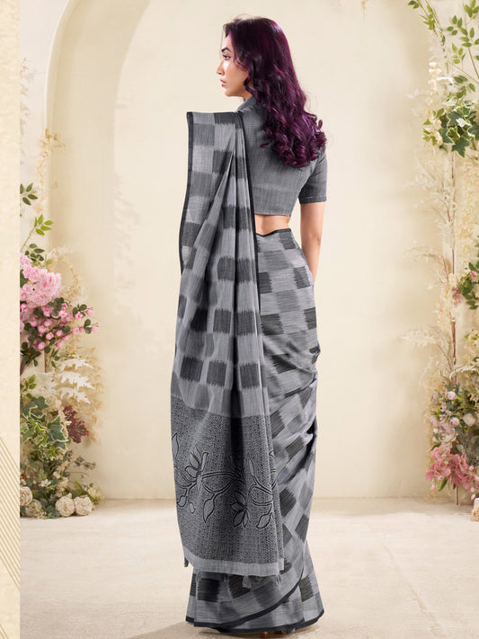 Sutriti Women Grey & Black Checked Linen Saree with Floral Pallu