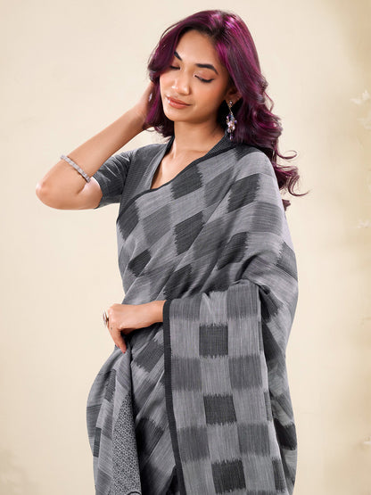 Sutriti Women Grey & Black Checked Linen Saree with Floral Pallu