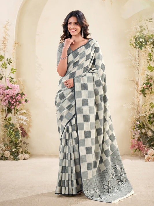 Sutriti Women Sage Green & Grey Checked Linen Saree with Floral Pallu