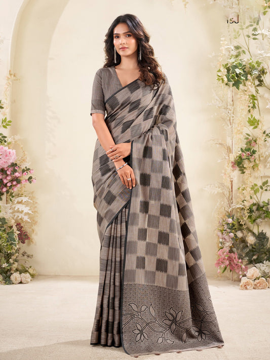 Sutriti Women Taupe Brown Checked Linen Saree with Floral Pallu