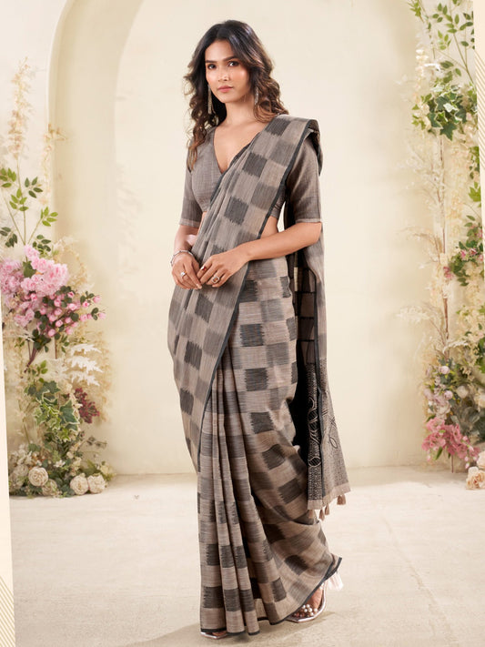 Sutriti Women Taupe Brown Checked Linen Saree with Floral Pallu