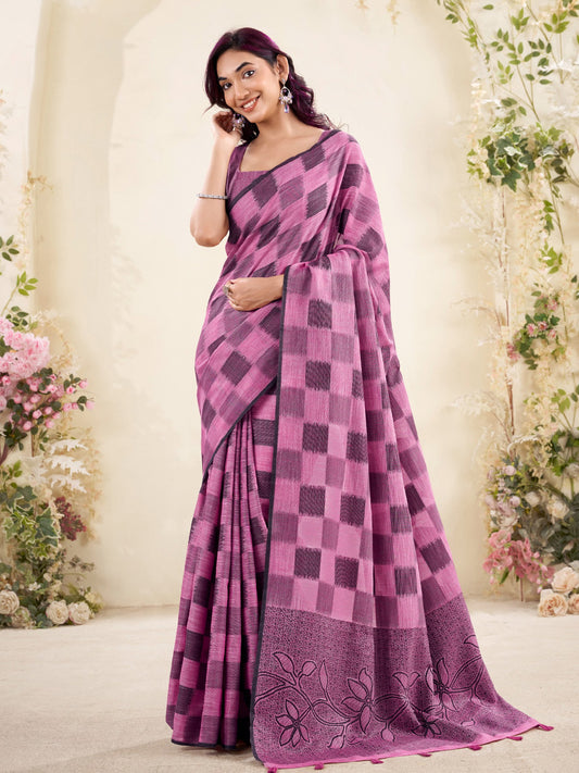 Sutriti Women Pink & Blue Checked Linen Saree with Floral Pallu