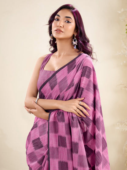 Sutriti Women Pink & Blue Checked Linen Saree with Floral Pallu