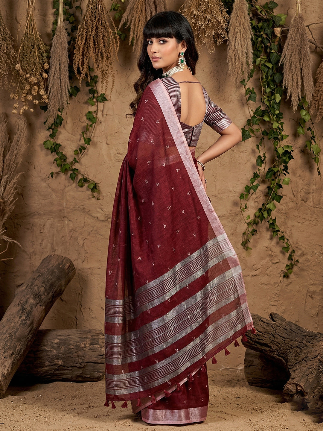 Sutriti Women Maroon Woven Design Linen Saree with Silver Zari