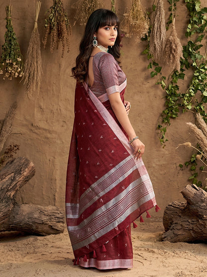 Sutriti Women Maroon Woven Design Linen Saree with Silver Zari