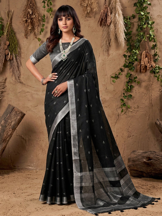 Sutriti Women Black Woven Design Linen Saree with Silver Zari