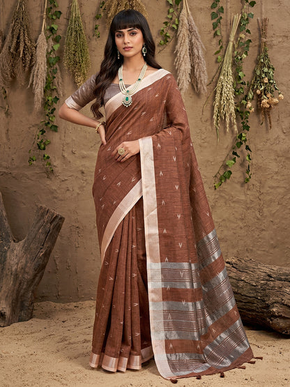 Sutriti Women Coffee Brown Woven Design Linen Saree with Silver Zari