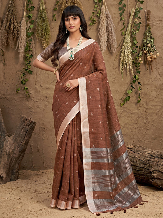 Sutriti Women Coffee Brown Woven Design Linen Saree with Silver Zari