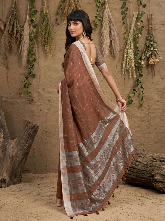 Sutriti Women Coffee Brown Woven Design Linen Saree with Silver Zari
