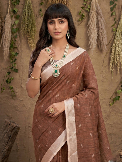 Sutriti Women Coffee Brown Woven Design Linen Saree with Silver Zari
