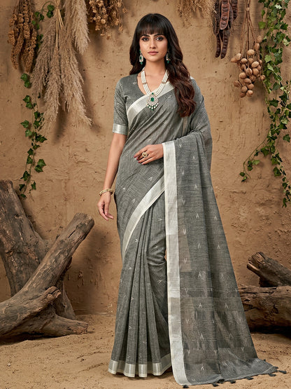 Sutriti Women Grey Woven Design Linen Saree with Silver Zari