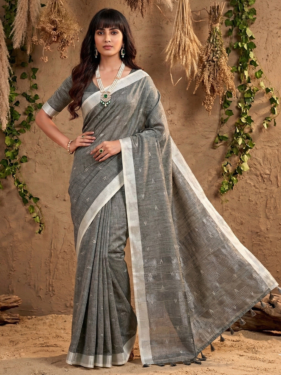 Sutriti Women Grey Woven Design Linen Saree with Silver Zari