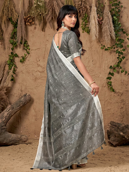 Sutriti Women Grey Woven Design Linen Saree with Silver Zari