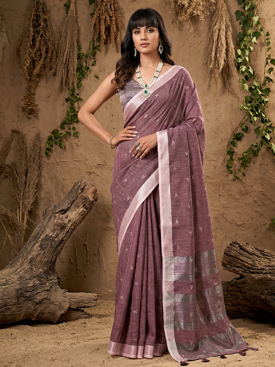 Sutriti Women Mauve Blue Woven Design Linen Saree with Silver Zari