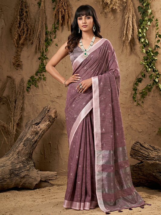 Sutriti Women Mauve Blue Woven Design Linen Saree with Silver Zari