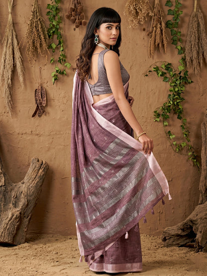 Sutriti Women Mauve Blue Woven Design Linen Saree with Silver Zari