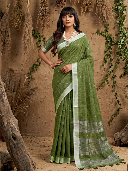 Sutriti Women Olive Green Woven Design Linen Saree with Silver Zari