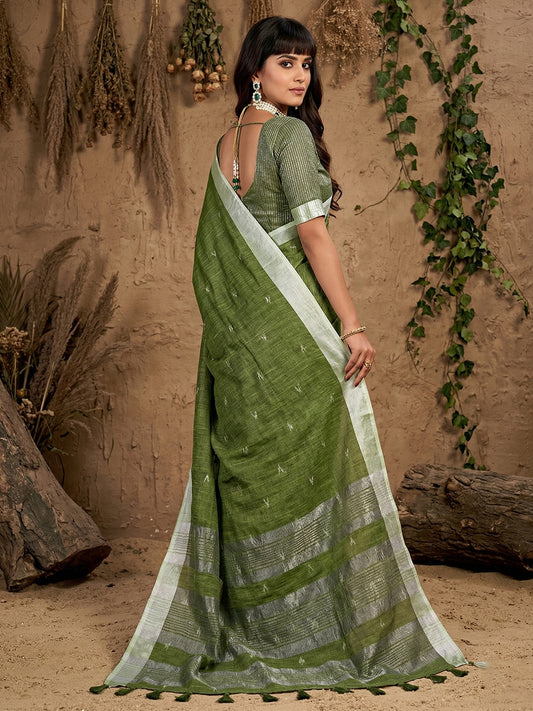 Sutriti Women Olive Green Woven Design Linen Saree with Silver Zari