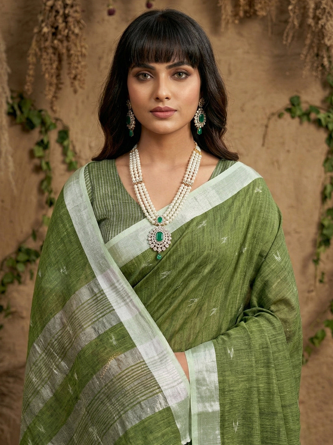 Sutriti Women Olive Green Woven Design Linen Saree with Silver Zari