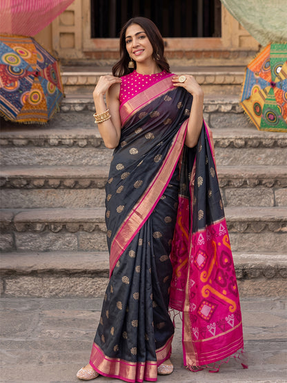 Sutriti Soft Silk Saree in Black & Rani Pink for Women Festive Wear