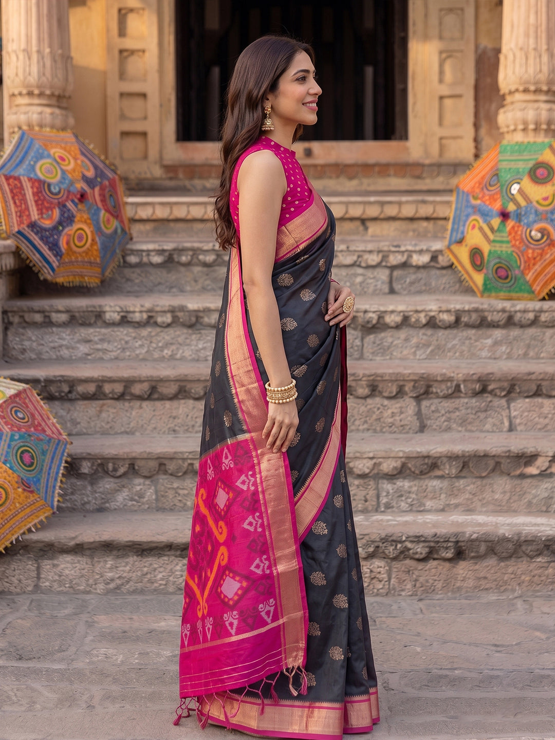 Sutriti Soft Silk Saree in Black & Rani Pink for Women Festive Wear