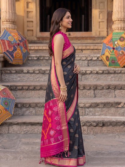 Sutriti Soft Silk Saree in Black & Rani Pink for Women Festive Wear