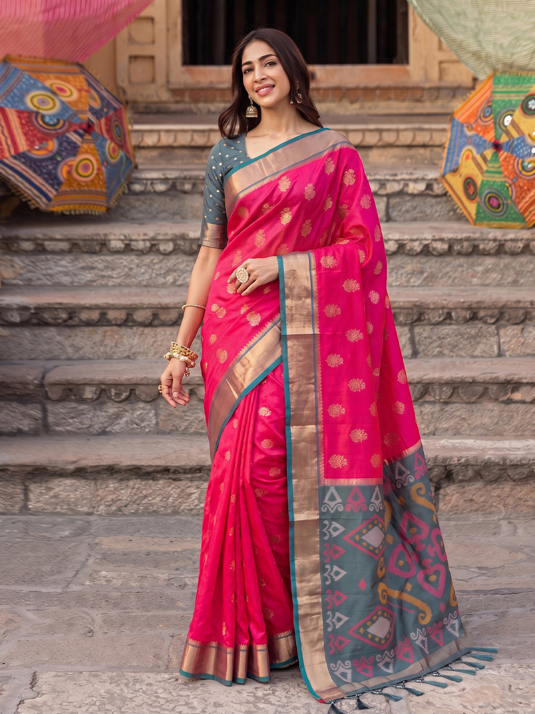 Sutriti Soft Silk Saree in Rani Pink & Grey for Women Ethnic Wear