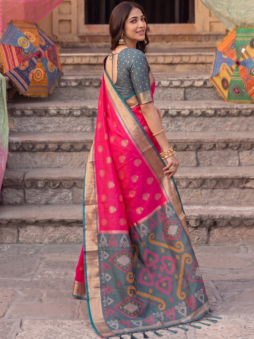 Sutriti Soft Silk Saree in Rani Pink & Grey for Women Ethnic Wear