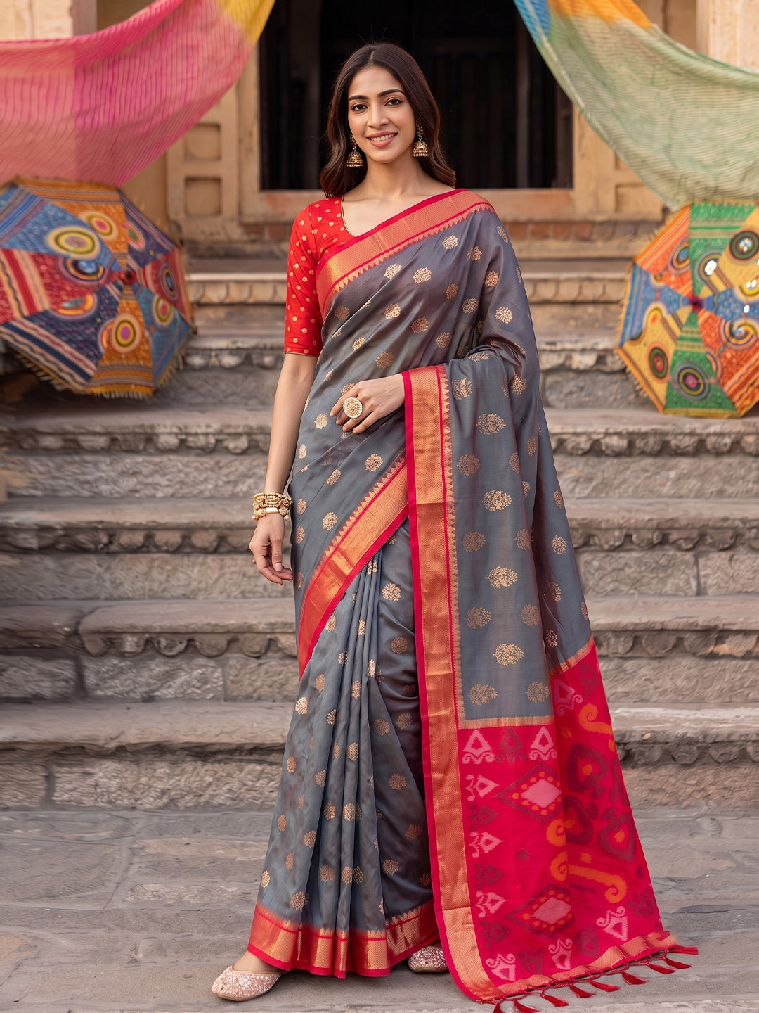 Sutriti Soft Silk Saree in Grey & Red for Women Festive Party Wear