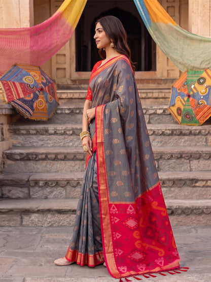 Sutriti Soft Silk Saree in Grey & Red for Women Festive Party Wear