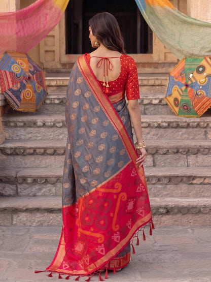 Sutriti Soft Silk Saree in Grey & Red for Women Festive Party Wear