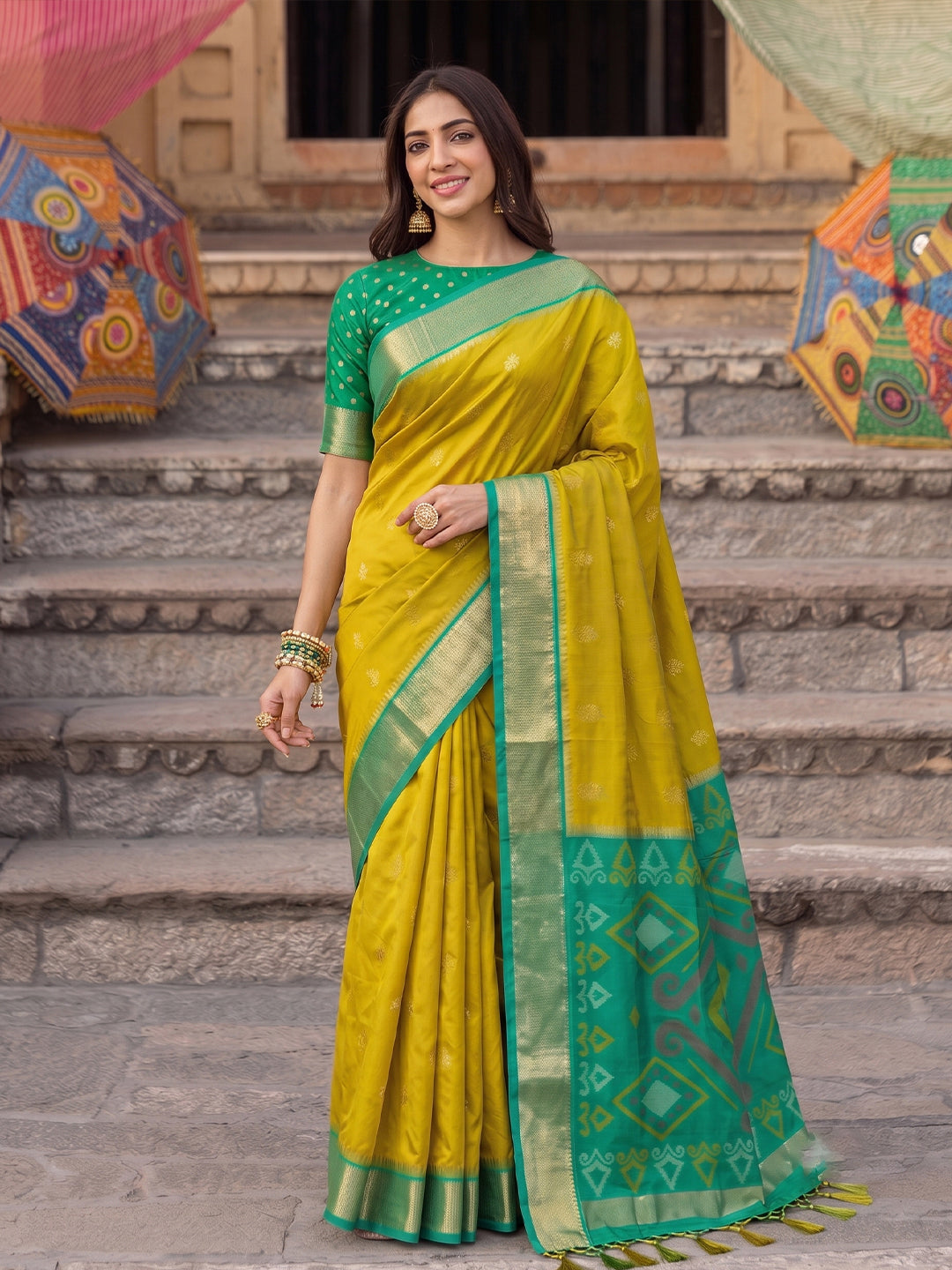 Sutriti Soft Silk Saree in Mustard & Green for Women Wedding Wear