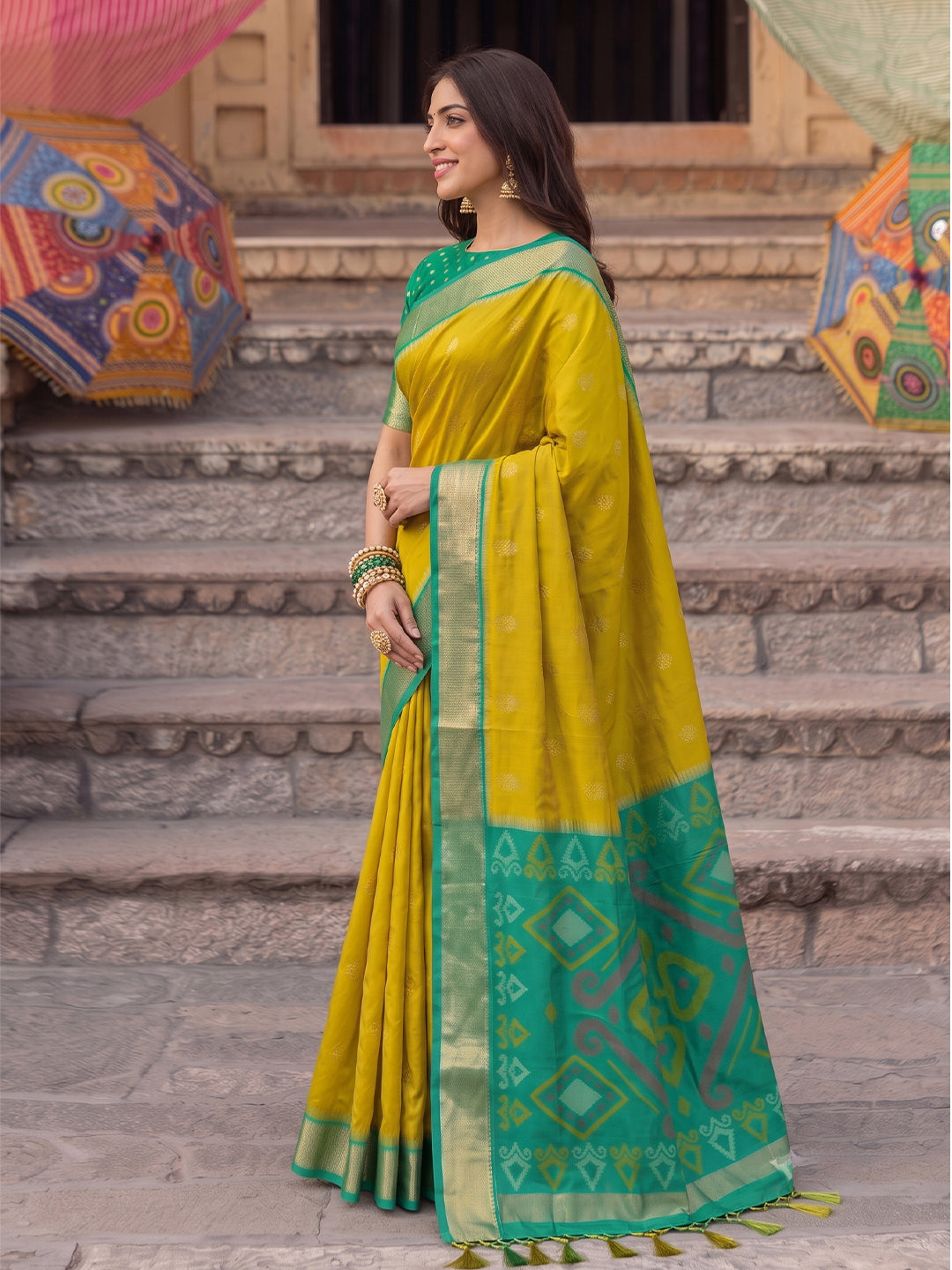 Sutriti Soft Silk Saree in Mustard & Green for Women Wedding Wear