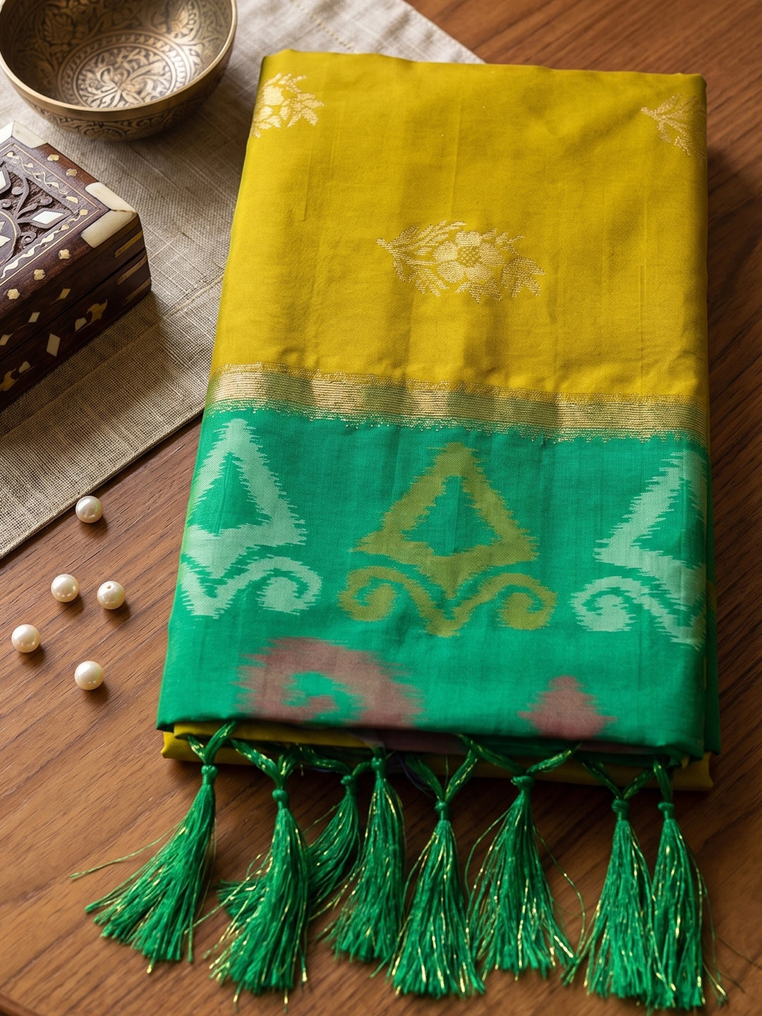 Sutriti Soft Silk Saree in Mustard & Green for Women Wedding Wear