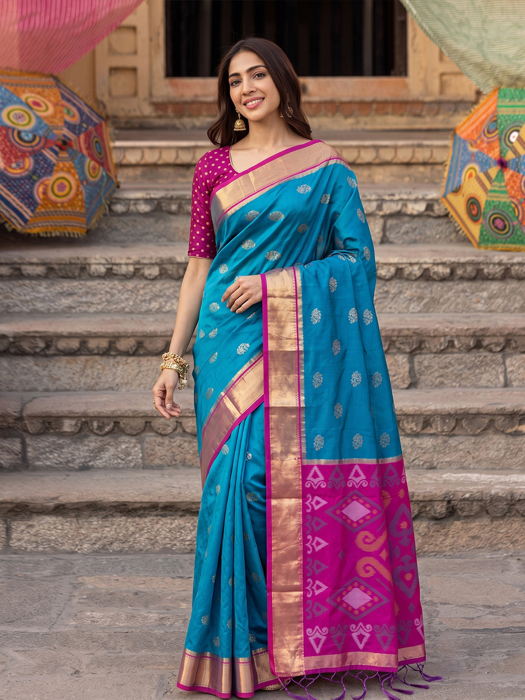 Sutriti Soft Silk Saree in Sky Blue & Rani Pink for Women Ethnic
