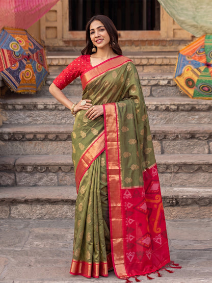 Sutriti Soft Silk Saree in Olive Green & Red for Women Party Wear