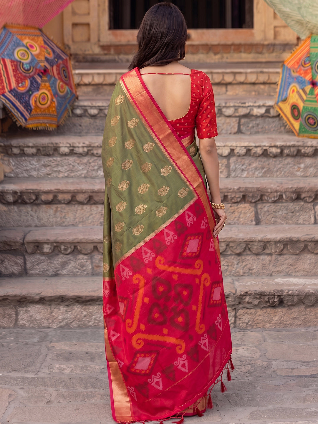 Sutriti Soft Silk Saree in Olive Green & Red for Women Party Wear
