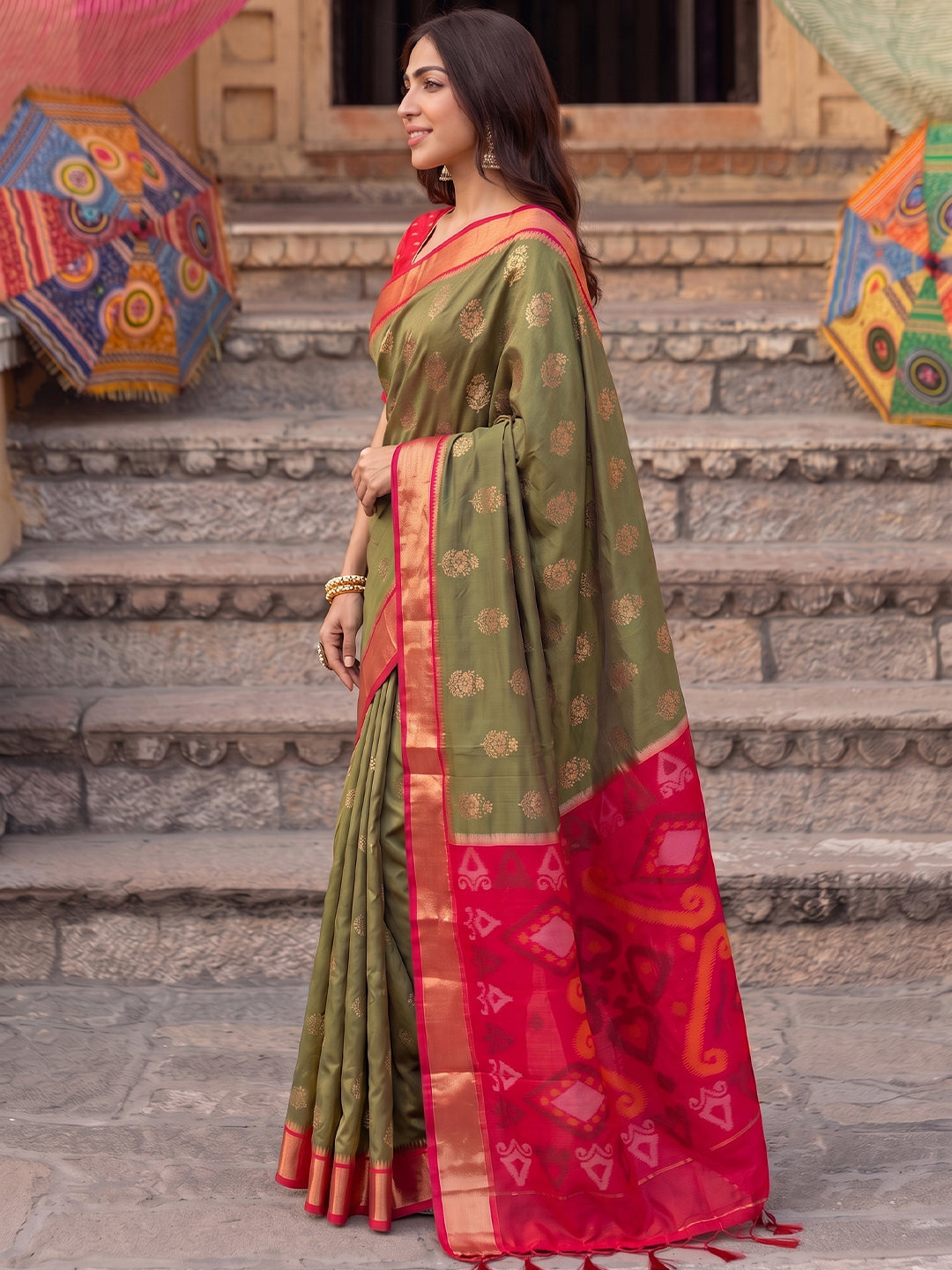 Sutriti Soft Silk Saree in Olive Green & Red for Women Party Wear