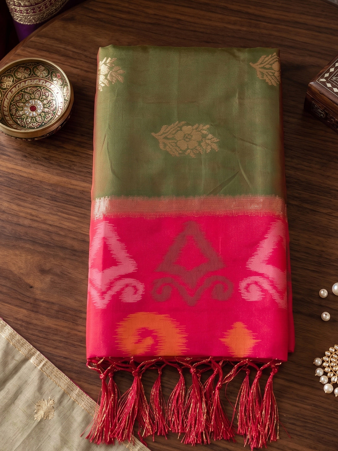 Sutriti Soft Silk Saree in Olive Green & Red for Women Party Wear