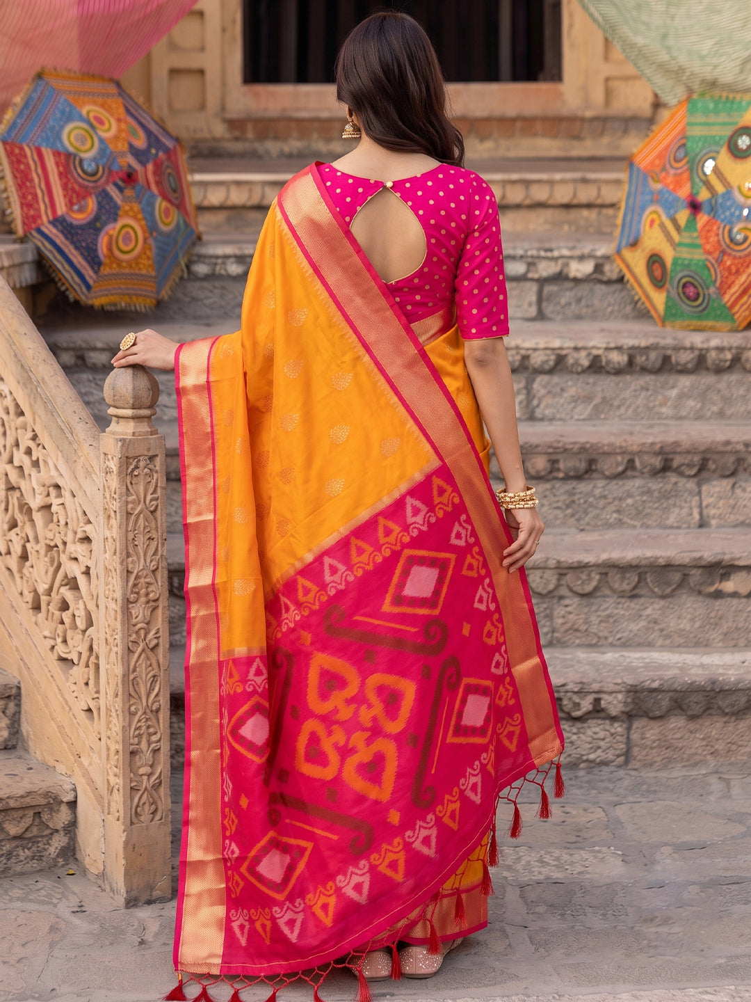 Sutriti Soft Silk Saree in Yellow & Rani Pink Women Wedding Wear