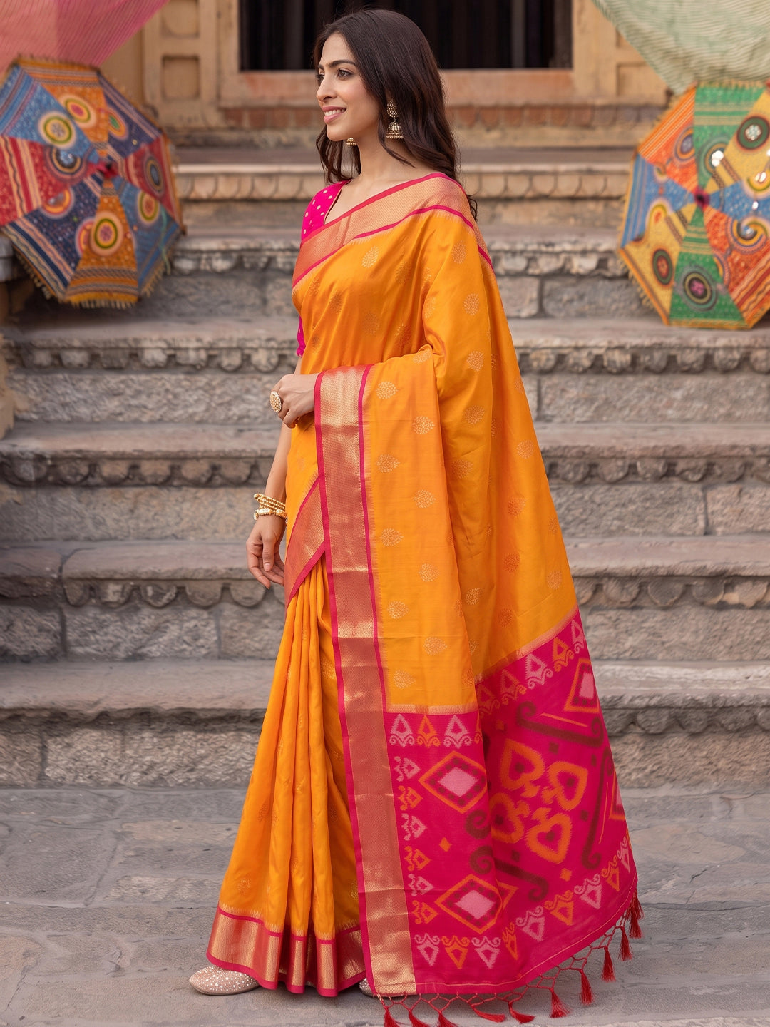 Sutriti Soft Silk Saree in Yellow & Rani Pink Women Wedding Wear