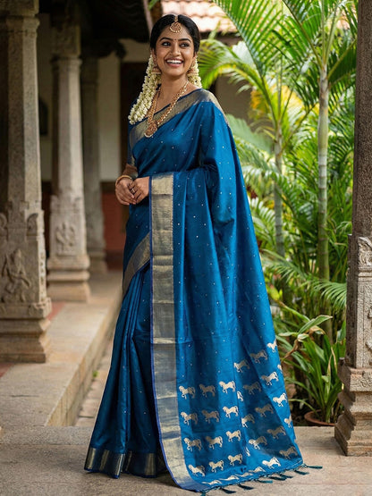 Teal Blue Silk Saree with Gold Zari Border & Horse Motif | Traditional Festive Saree